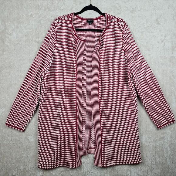 Talbots Merino Wool Cardigan 2X Red Open Classic Preppy Sweater Woven Holiday - Picture 1 of 6